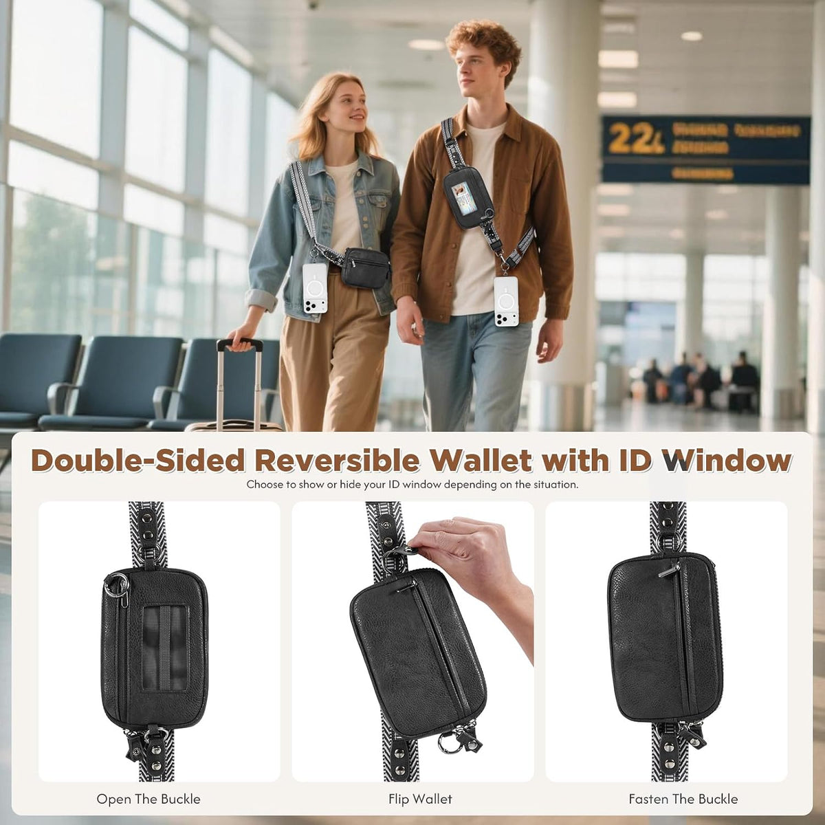Clip and Go Strap for Phone with Wallet Crossbody Phone Lanyard Adjustable and Anti-Theft Leather Purse with RFID Zipper Pouch for Travel Daily Life. Brown Medium