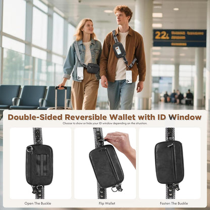 Clip and Go Strap for Phone with Wallet Crossbody Phone Lanyard Adjustable and Anti-Theft Leather Purse with RFID Zipper Pouch for Travel Daily Life. Brown Medium