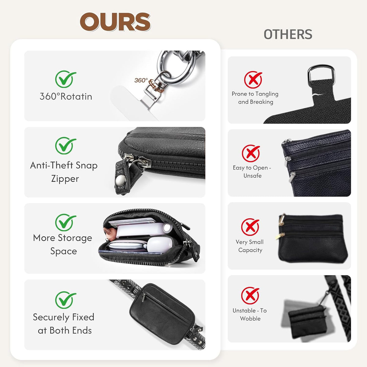 Clip and Go Strap for Phone with Wallet Crossbody Phone Lanyard Adjustable and Anti-Theft Leather Purse with RFID Zipper Pouch for Travel Daily Life. Brown Medium