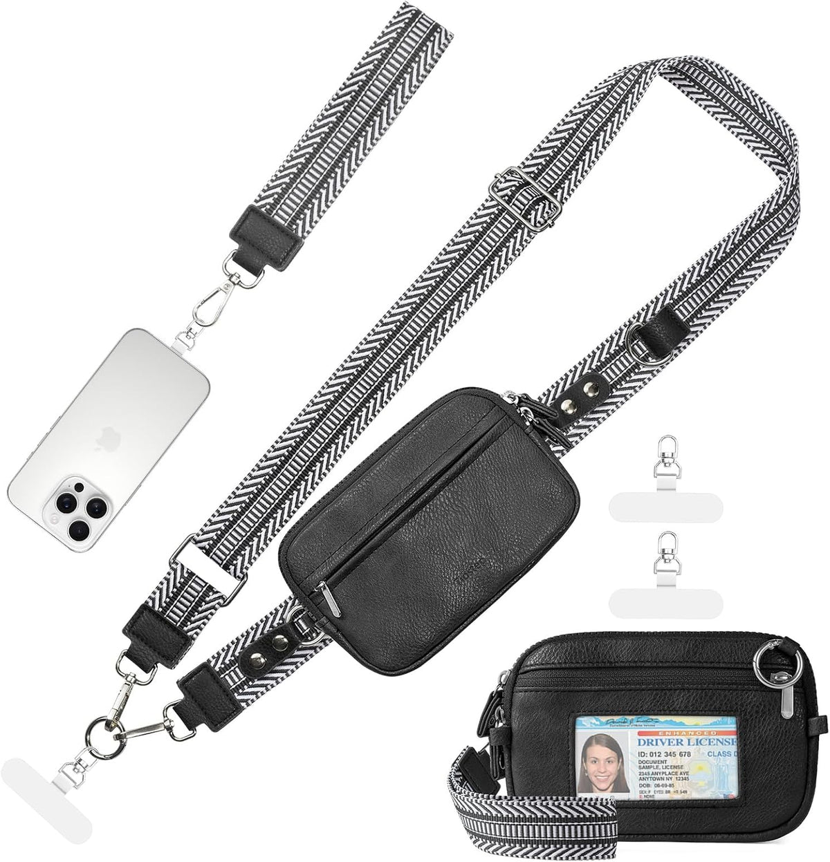 Clip and Go Strap for Phone with Wallet Crossbody Phone Lanyard Adjustable and Anti-Theft Leather Purse with RFID Zipper Pouch for Travel Daily Life. Brown Medium