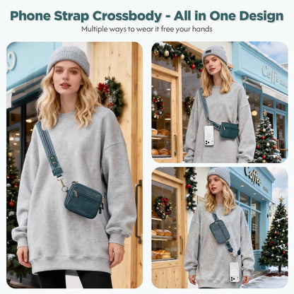 Clip and Go Strap for Phone with Wallet Crossbody Phone Lanyard Adjustable and Anti-Theft Leather Purse with RFID Zipper Pouch for Travel Daily Life. Brown Medium