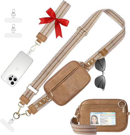 Clip and Go Strap for Phone with Wallet Crossbody Phone Lanyard Adjustable and Anti-Theft Leather Purse with RFID Zipper Pouch for Travel Daily Life. Brown Medium