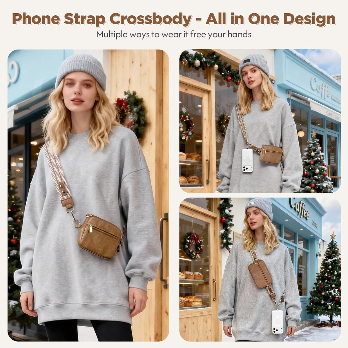 Clip and Go Strap for Phone with Wallet Crossbody Phone Lanyard Adjustable and Anti-Theft Leather Purse with RFID Zipper Pouch for Travel Daily Life. Brown Medium
