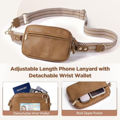 Clip and Go Strap for Phone with Wallet Crossbody Phone Lanyard Adjustable and Anti-Theft Leather Purse with RFID Zipper Pouch for Travel Daily Life. Brown Medium