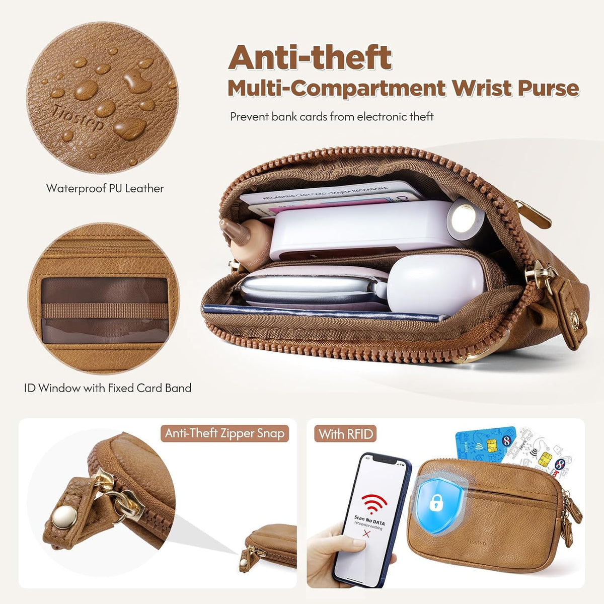 Clip and Go Strap for Phone with Wallet Crossbody Phone Lanyard Adjustable and Anti-Theft Leather Purse with RFID Zipper Pouch for Travel Daily Life. Brown Medium
