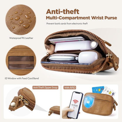 Clip and Go Strap for Phone with Wallet Crossbody Phone Lanyard Adjustable and Anti-Theft Leather Purse with RFID Zipper Pouch for Travel Daily Life. Brown Medium