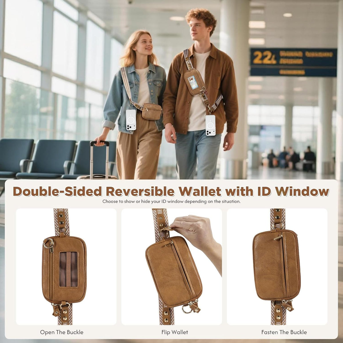 Clip and Go Strap for Phone with Wallet Crossbody Phone Lanyard Adjustable and Anti-Theft Leather Purse with RFID Zipper Pouch for Travel Daily Life. Brown Medium