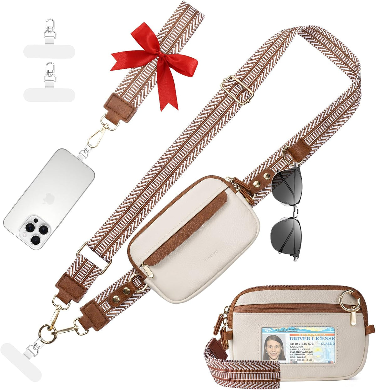 Clip and Go Strap for Phone with Wallet Crossbody Phone Lanyard Adjustable and Anti-Theft Leather Purse with RFID Zipper Pouch for Travel Daily Life. Brown Medium