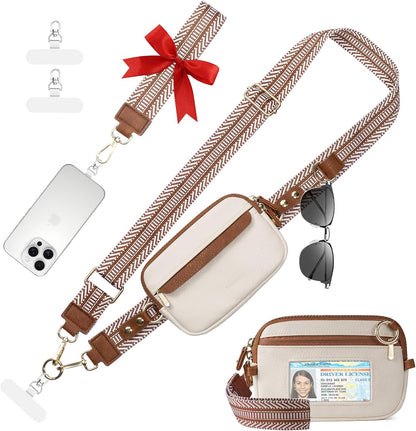 Clip and Go Strap for Phone with Wallet Crossbody Phone Lanyard Adjustable and Anti-Theft Leather Purse with RFID Zipper Pouch for Travel Daily Life. Brown Medium