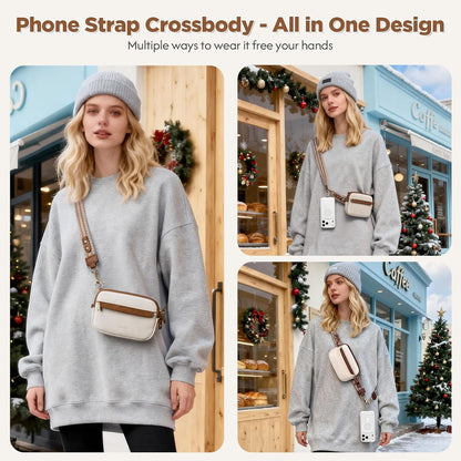 Clip and Go Strap for Phone with Wallet Crossbody Phone Lanyard Adjustable and Anti-Theft Leather Purse with RFID Zipper Pouch for Travel Daily Life. Brown Medium