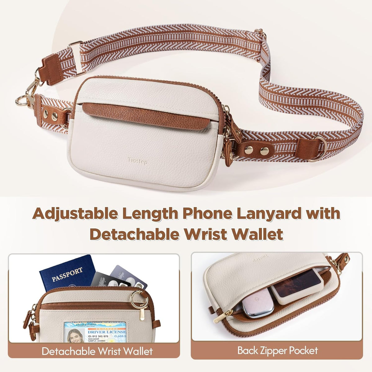 Clip and Go Strap for Phone with Wallet Crossbody Phone Lanyard Adjustable and Anti-Theft Leather Purse with RFID Zipper Pouch for Travel Daily Life. Brown Medium