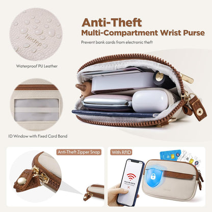 Clip and Go Strap for Phone with Wallet Crossbody Phone Lanyard Adjustable and Anti-Theft Leather Purse with RFID Zipper Pouch for Travel Daily Life. Brown Medium