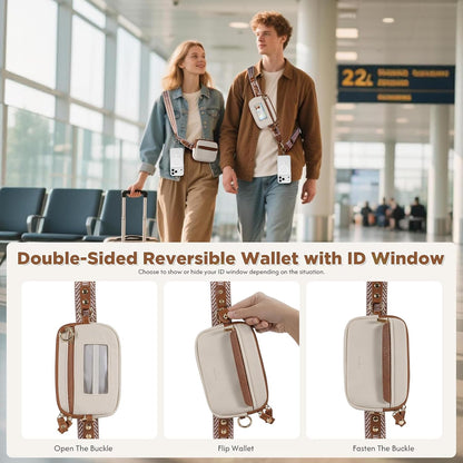 Clip and Go Strap for Phone with Wallet Crossbody Phone Lanyard Adjustable and Anti-Theft Leather Purse with RFID Zipper Pouch for Travel Daily Life. Brown Medium