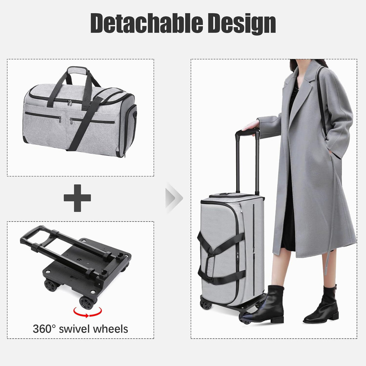 Rolling Garment Bag, Travel Garment Duffle Bag with Wheels, Carry on 3 in 1 Suit Luggage Bag with Detachable Trolley for Men Women Business Weekender