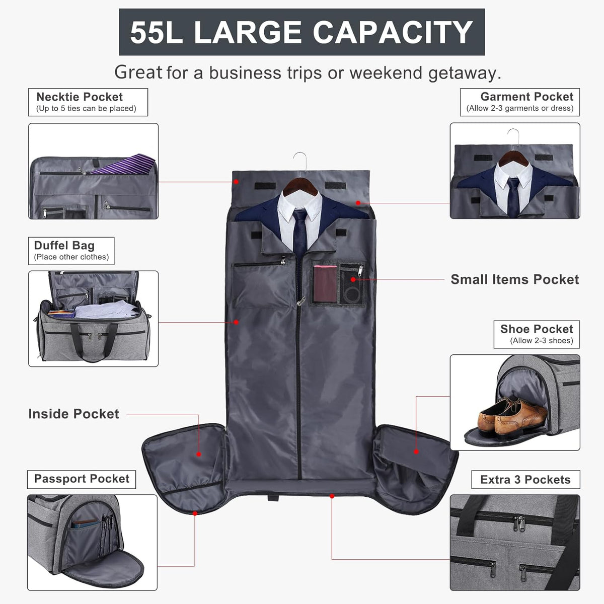 Rolling Garment Bag, Travel Garment Duffle Bag with Wheels, Carry on 3 in 1 Suit Luggage Bag with Detachable Trolley for Men Women Business Weekender