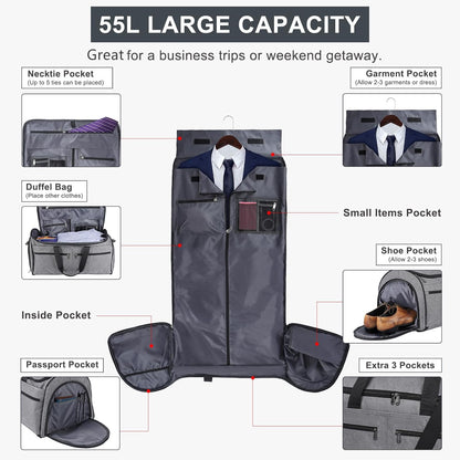 Rolling Garment Bag, Travel Garment Duffle Bag with Wheels, Carry on 3 in 1 Suit Luggage Bag with Detachable Trolley for Men Women Business Weekender