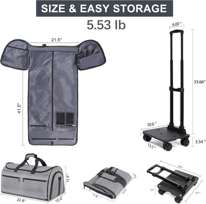 Rolling Garment Bag, Travel Garment Duffle Bag with Wheels, Carry on 3 in 1 Suit Luggage Bag with Detachable Trolley for Men Women Business Weekender