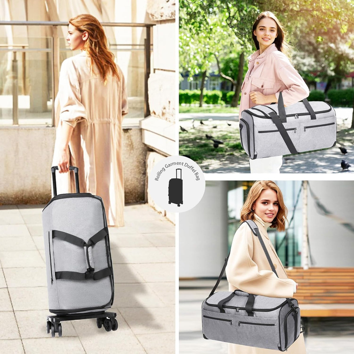 Rolling Garment Bag, Travel Garment Duffle Bag with Wheels, Carry on 3 in 1 Suit Luggage Bag with Detachable Trolley for Men Women Business Weekender