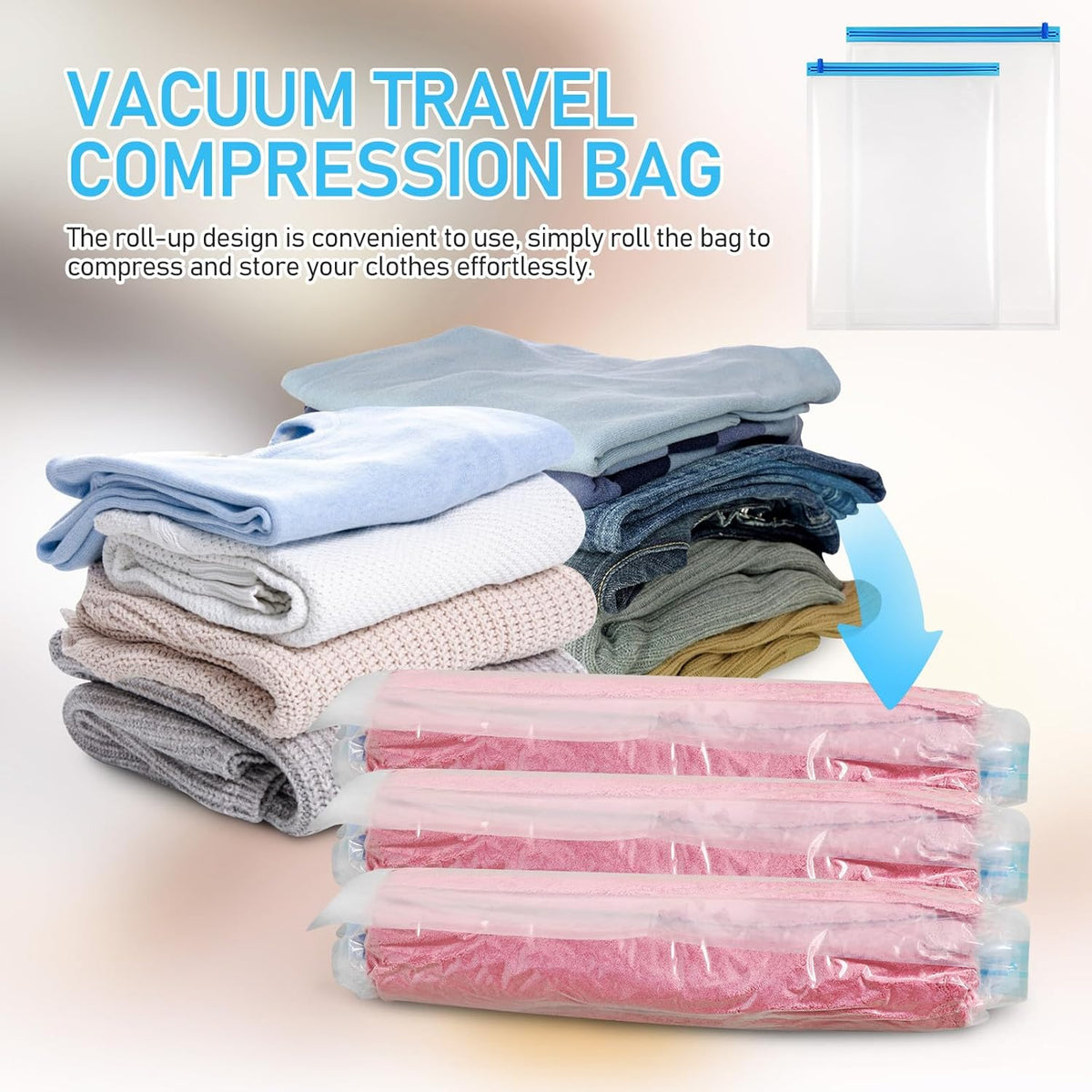 12pcs Vacuum Compression Travel Bags, Space Saver Packing Organizers, Roll-up Travel Storage Bags with Multi-size (40x60cm 50x70cm) for Suitcase and Clothing