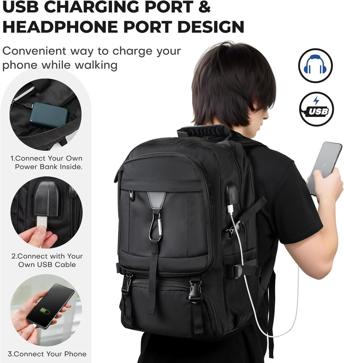 17.3 Inch gym backpack with Shoe Compartment,60L Water Resistant Anti Theft Backpacks with USB Charging Port, Airline Approved Carry on Bag Multiple Compartments,for Men Women Travel
