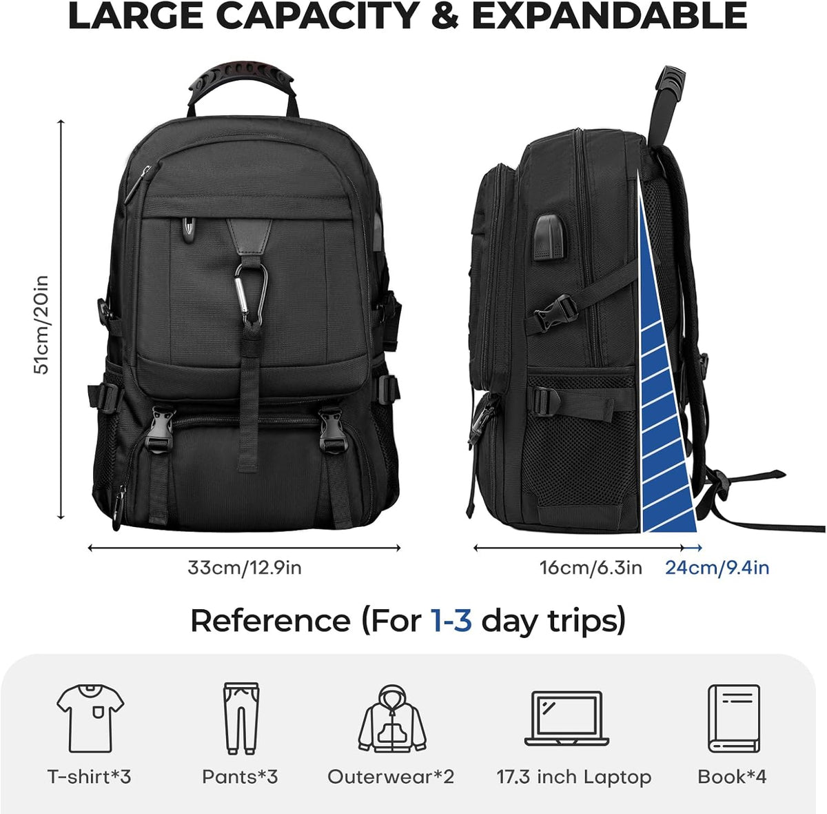 17.3 Inch gym backpack with Shoe Compartment,60L Water Resistant Anti Theft Backpacks with USB Charging Port, Airline Approved Carry on Bag Multiple Compartments,for Men Women Travel