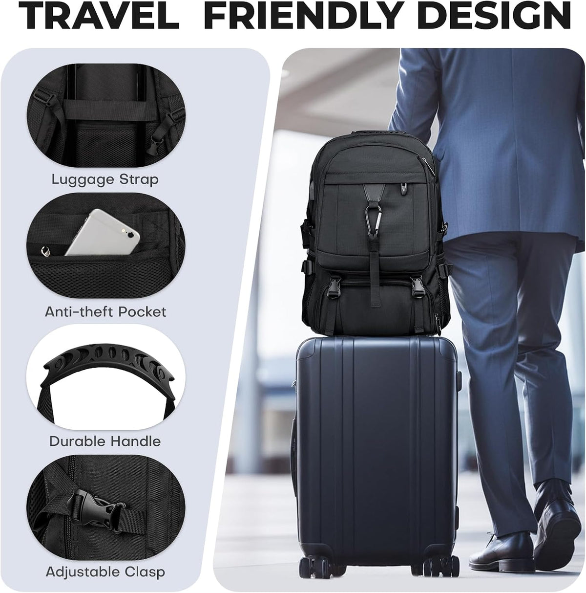 17.3 Inch gym backpack with Shoe Compartment,60L Water Resistant Anti Theft Backpacks with USB Charging Port, Airline Approved Carry on Bag Multiple Compartments,for Men Women Travel