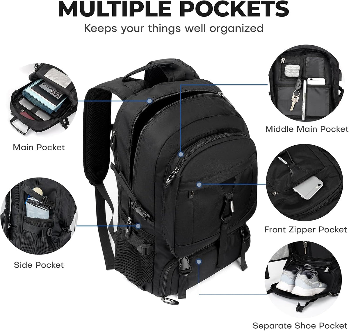 17.3 Inch gym backpack with Shoe Compartment,60L Water Resistant Anti Theft Backpacks with USB Charging Port, Airline Approved Carry on Bag Multiple Compartments,for Men Women Travel