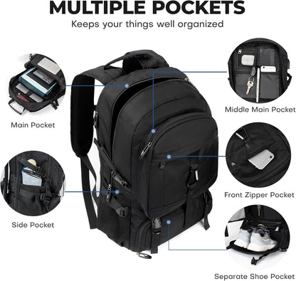 17.3 Inch gym backpack with Shoe Compartment,60L Water Resistant Anti Theft Backpacks with USB Charging Port, Airline Approved Carry on Bag Multiple Compartments,for Men Women Travel
