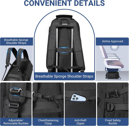 17.3 Inch gym backpack with Shoe Compartment,60L Water Resistant Anti Theft Backpacks with USB Charging Port, Airline Approved Carry on Bag Multiple Compartments,for Men Women Travel