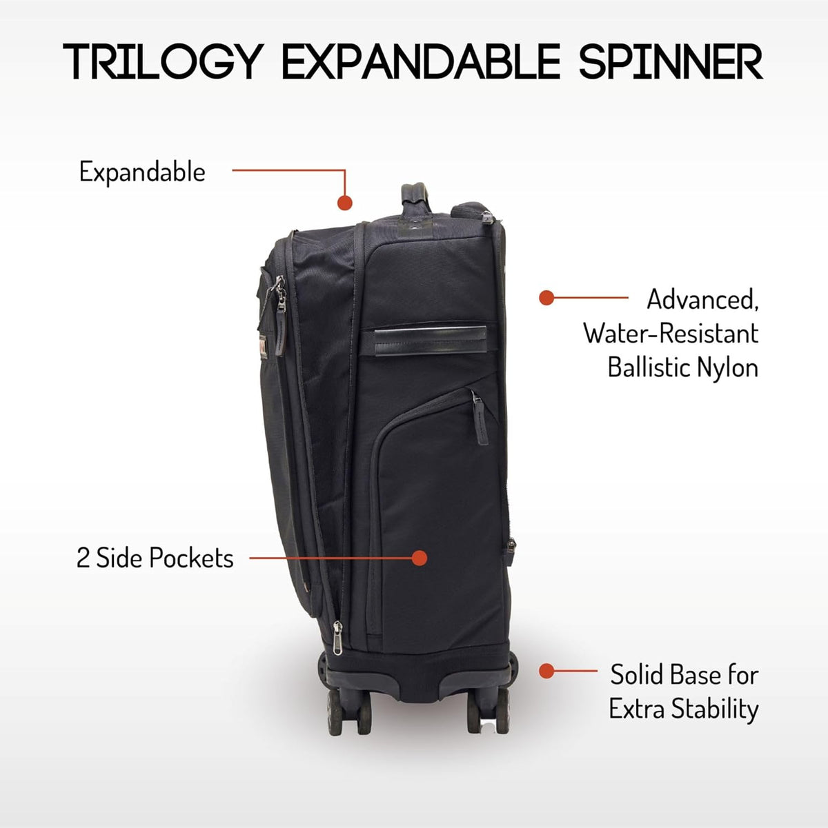 Trilogy Expandable Spinner (Black): Fits under-seat on most airplanes. Two convenient side pockets! Expandable, with solid base for strength and stability. 4-wheel design glides through airports!