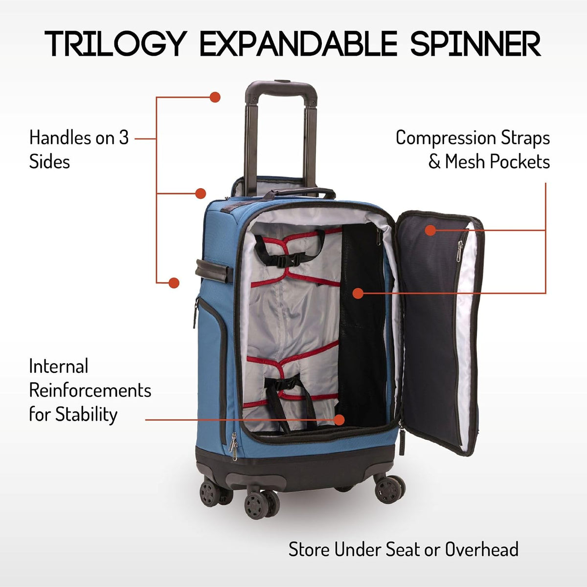 Trilogy Expandable Spinner (Black): Fits under-seat on most airplanes. Two convenient side pockets! Expandable, with solid base for strength and stability. 4-wheel design glides through airports!