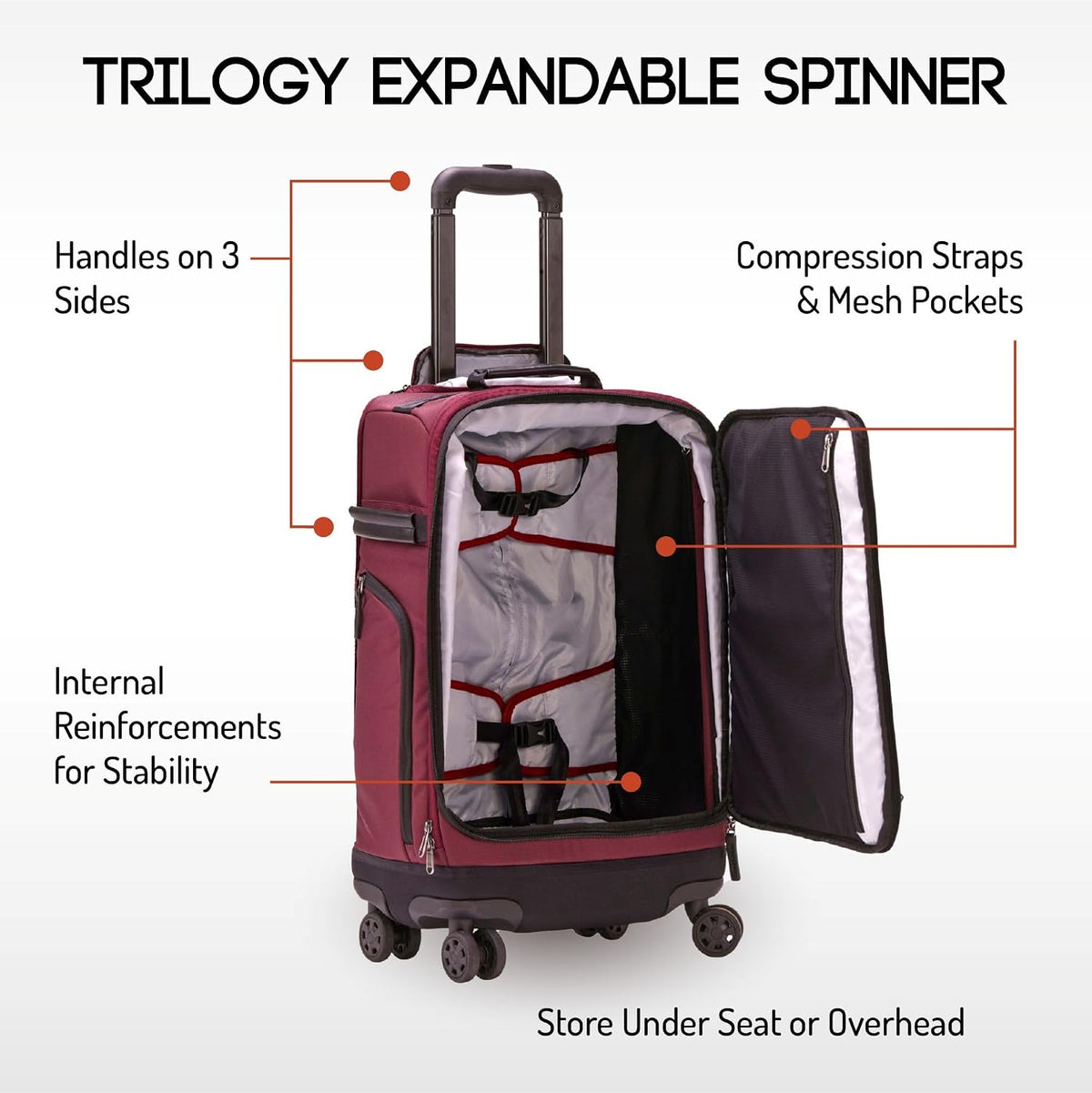 Trilogy Expandable Spinner (Black): Fits under-seat on most airplanes. Two convenient side pockets! Expandable, with solid base for strength and stability. 4-wheel design glides through airports!