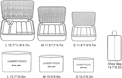 7 Set Packing Cubes with Shoe Bag - Travel Carry On Luggage Organizer