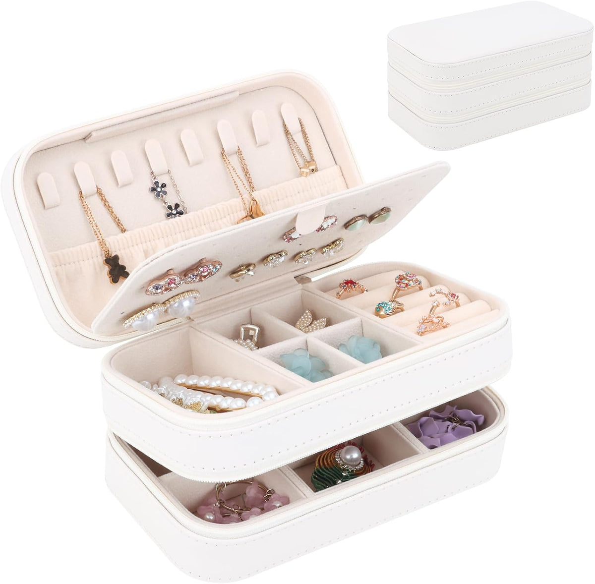 Small Travel Jewelry Box with Double Zipper, 2 Layers PU Portable Jewelry Case for Women and Girls,Travel Jewelry Organizer for Rings, Earrings, Necklaces, Bracelets,Black