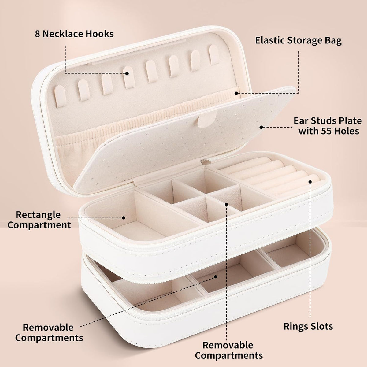 Small Travel Jewelry Box with Double Zipper, 2 Layers PU Portable Jewelry Case for Women and Girls,Travel Jewelry Organizer for Rings, Earrings, Necklaces, Bracelets,Black