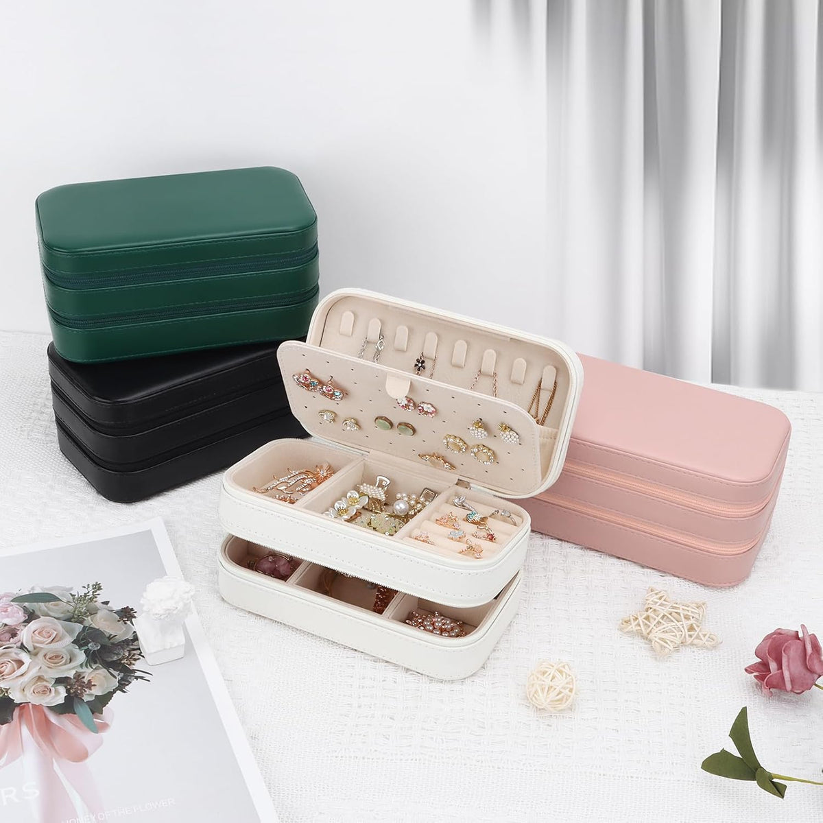 Small Travel Jewelry Box with Double Zipper, 2 Layers PU Portable Jewelry Case for Women and Girls,Travel Jewelry Organizer for Rings, Earrings, Necklaces, Bracelets,Black