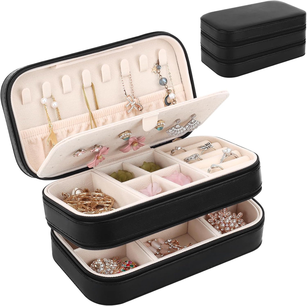 Small Travel Jewelry Box with Double Zipper, 2 Layers PU Portable Jewelry Case for Women and Girls,Travel Jewelry Organizer for Rings, Earrings, Necklaces, Bracelets,Black