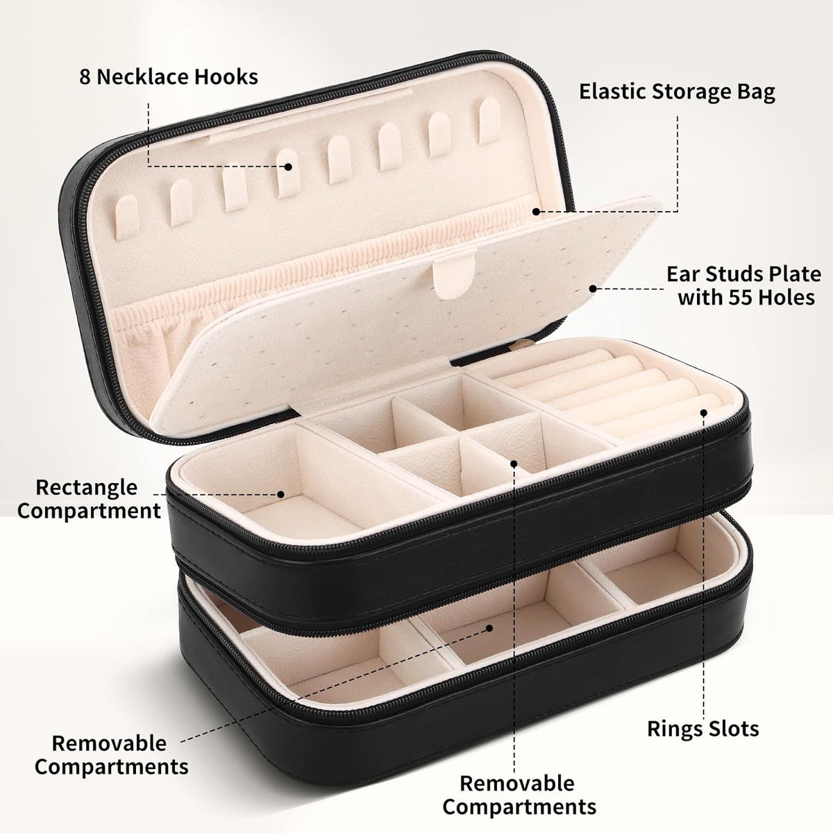Small Travel Jewelry Box with Double Zipper, 2 Layers PU Portable Jewelry Case for Women and Girls,Travel Jewelry Organizer for Rings, Earrings, Necklaces, Bracelets,Black