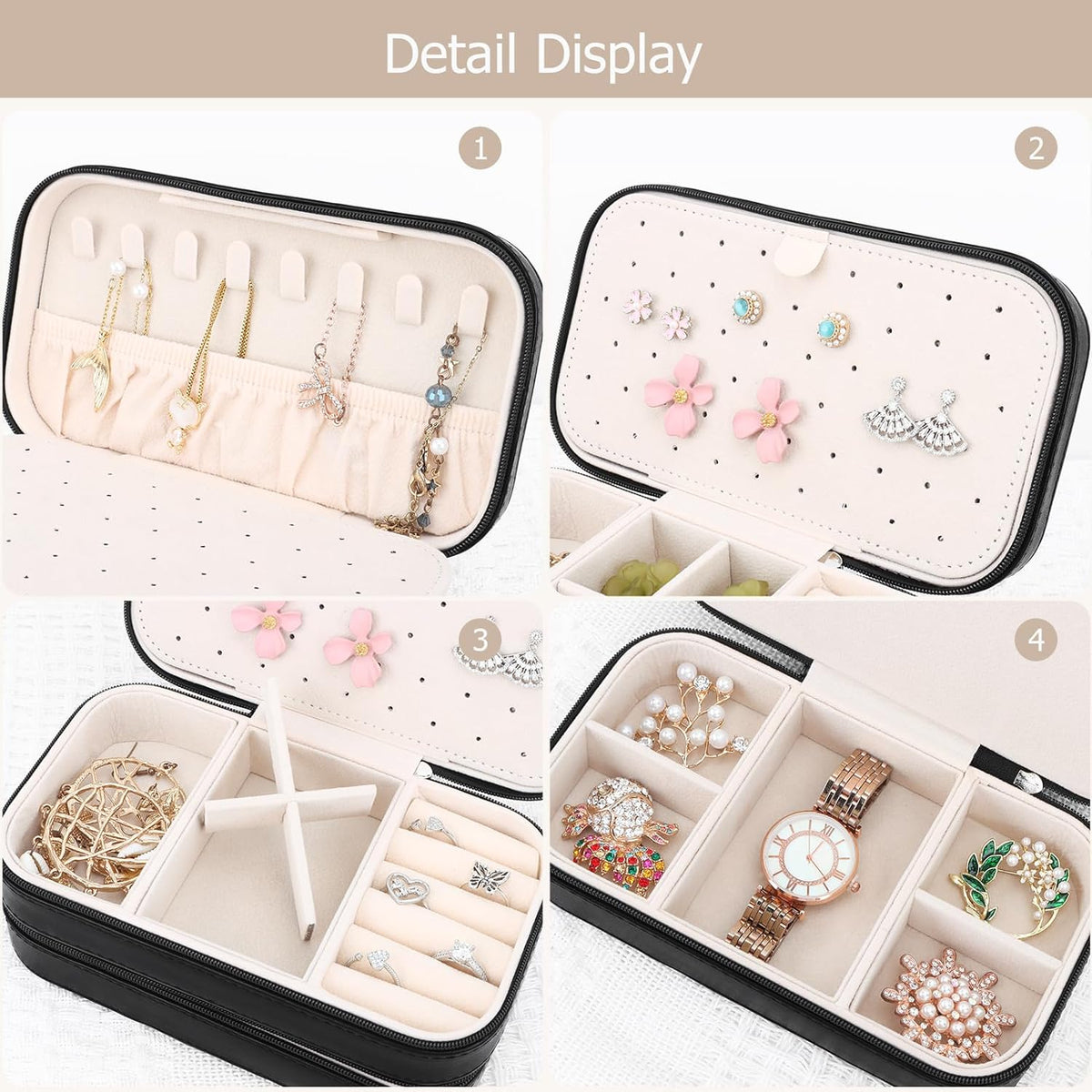 Small Travel Jewelry Box with Double Zipper, 2 Layers PU Portable Jewelry Case for Women and Girls,Travel Jewelry Organizer for Rings, Earrings, Necklaces, Bracelets,Black