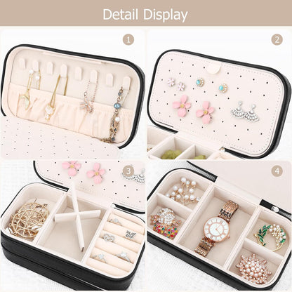 Small Travel Jewelry Box with Double Zipper, 2 Layers PU Portable Jewelry Case for Women and Girls,Travel Jewelry Organizer for Rings, Earrings, Necklaces, Bracelets,Black