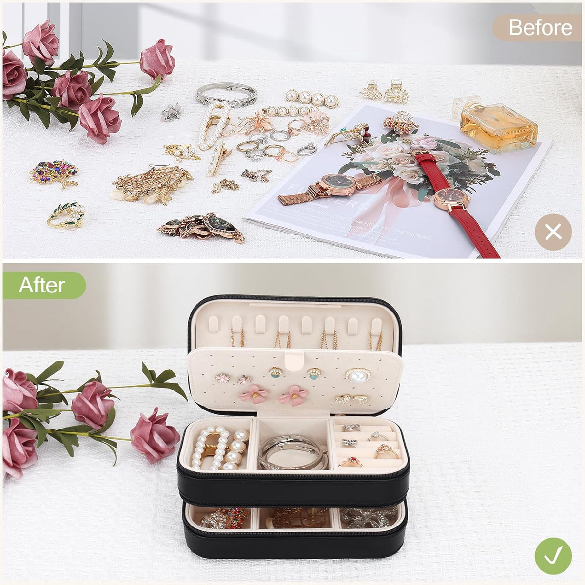Small Travel Jewelry Box with Double Zipper, 2 Layers PU Portable Jewelry Case for Women and Girls,Travel Jewelry Organizer for Rings, Earrings, Necklaces, Bracelets,Black