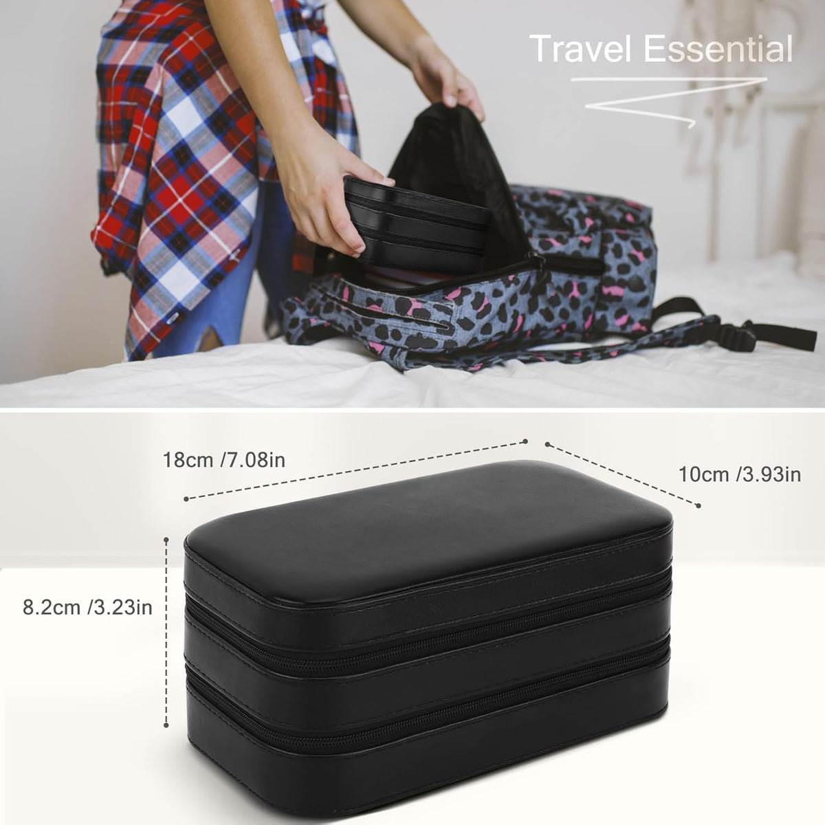 Small Travel Jewelry Box with Double Zipper, 2 Layers PU Portable Jewelry Case for Women and Girls,Travel Jewelry Organizer for Rings, Earrings, Necklaces, Bracelets,Black