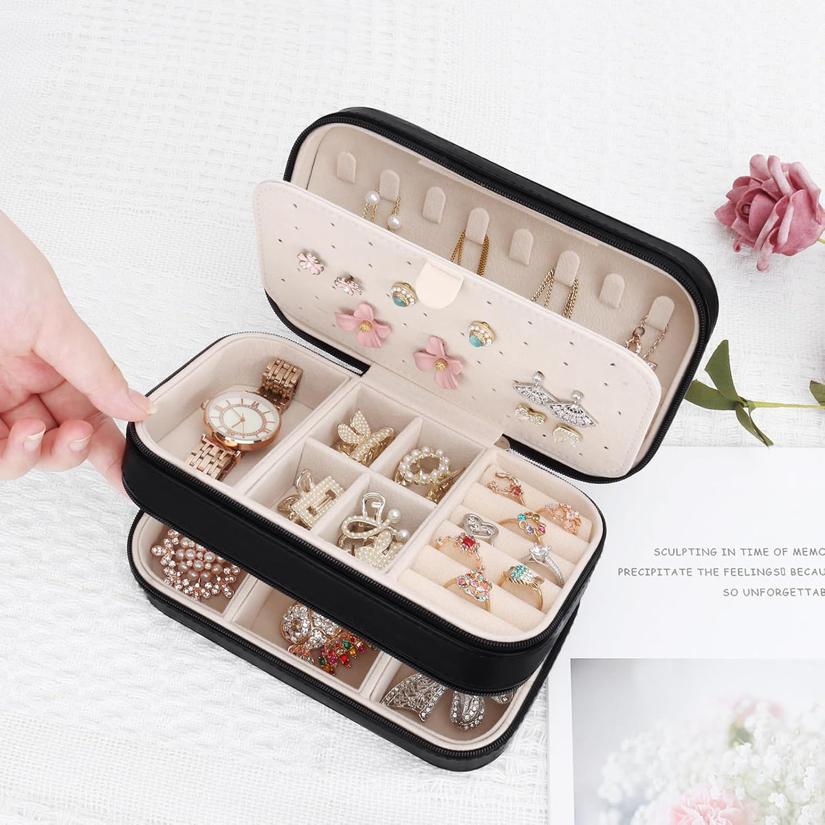 Small Travel Jewelry Box with Double Zipper, 2 Layers PU Portable Jewelry Case for Women and Girls,Travel Jewelry Organizer for Rings, Earrings, Necklaces, Bracelets,Black