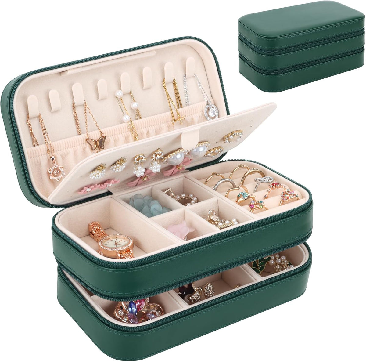 Small Travel Jewelry Box with Double Zipper, 2 Layers PU Portable Jewelry Case for Women and Girls,Travel Jewelry Organizer for Rings, Earrings, Necklaces, Bracelets,Black