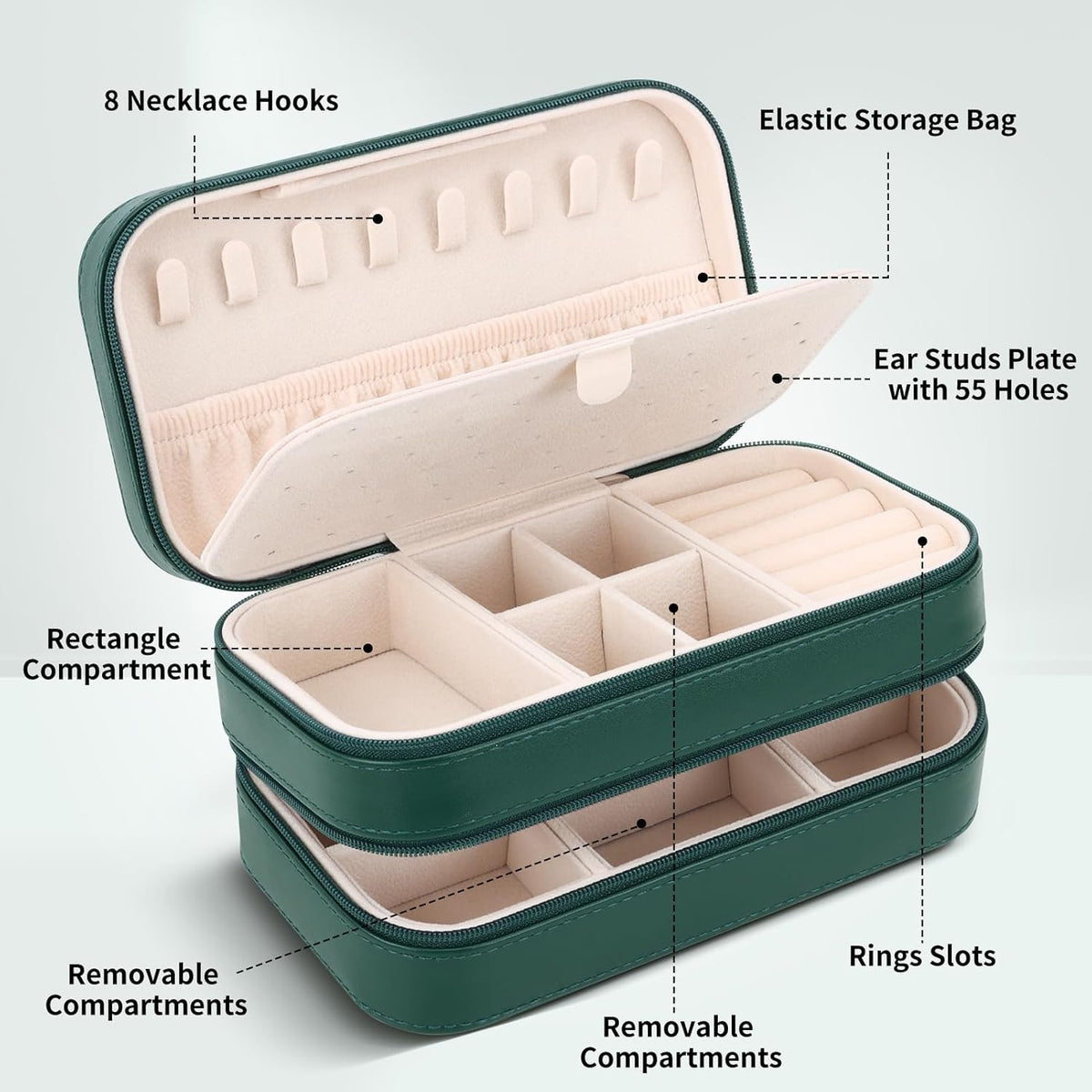 Small Travel Jewelry Box with Double Zipper, 2 Layers PU Portable Jewelry Case for Women and Girls,Travel Jewelry Organizer for Rings, Earrings, Necklaces, Bracelets,Black
