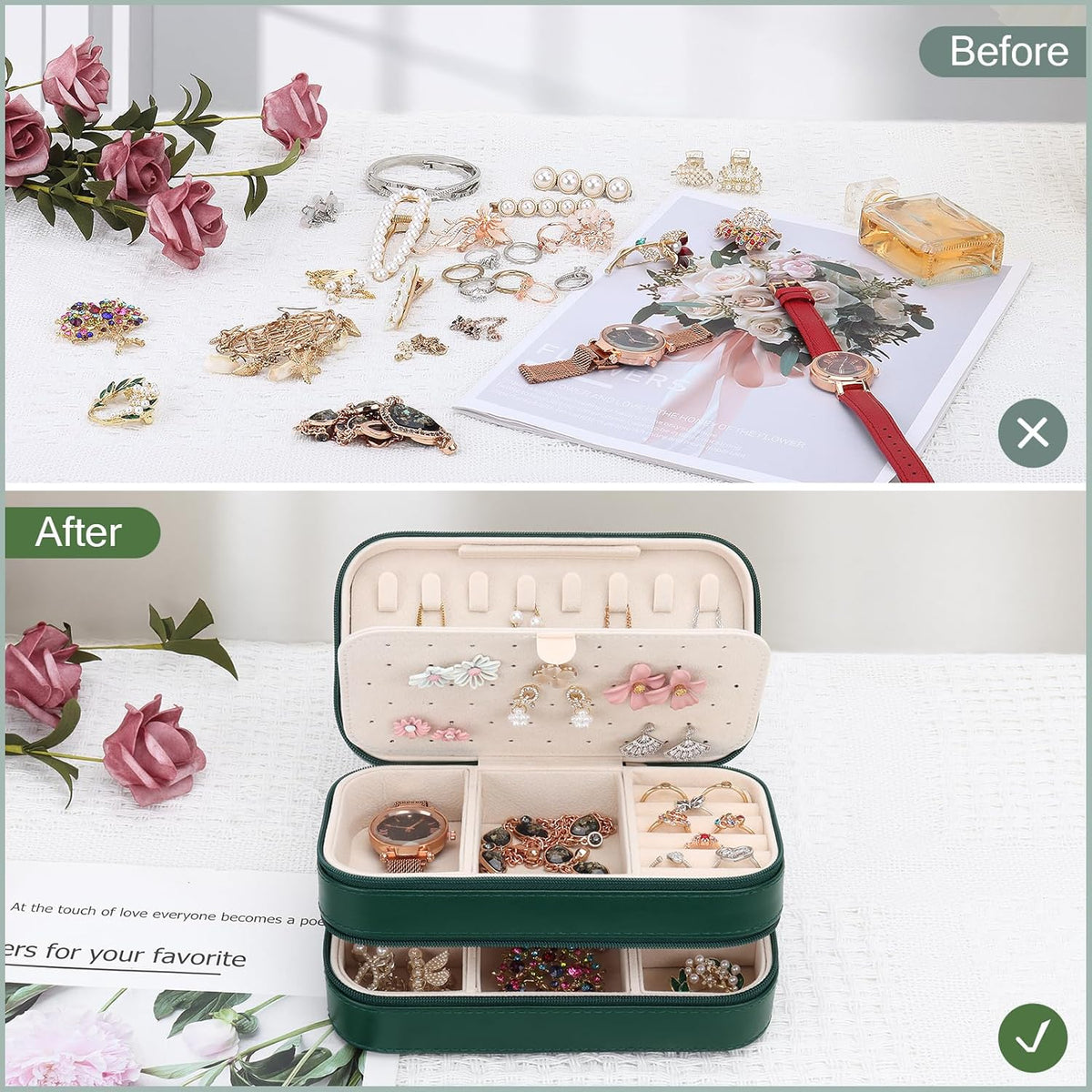 Small Travel Jewelry Box with Double Zipper, 2 Layers PU Portable Jewelry Case for Women and Girls,Travel Jewelry Organizer for Rings, Earrings, Necklaces, Bracelets,Black