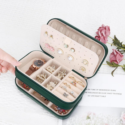 Small Travel Jewelry Box with Double Zipper, 2 Layers PU Portable Jewelry Case for Women and Girls,Travel Jewelry Organizer for Rings, Earrings, Necklaces, Bracelets,Black