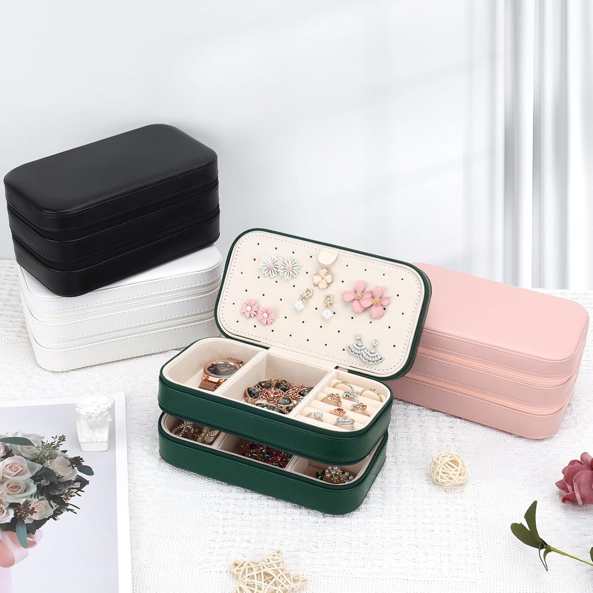Small Travel Jewelry Box with Double Zipper, 2 Layers PU Portable Jewelry Case for Women and Girls,Travel Jewelry Organizer for Rings, Earrings, Necklaces, Bracelets,Black