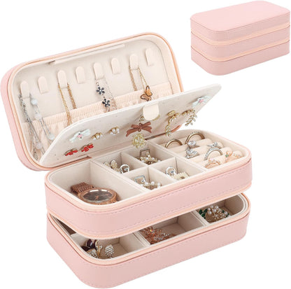 Small Travel Jewelry Box with Double Zipper, 2 Layers PU Portable Jewelry Case for Women and Girls,Travel Jewelry Organizer for Rings, Earrings, Necklaces, Bracelets,Black