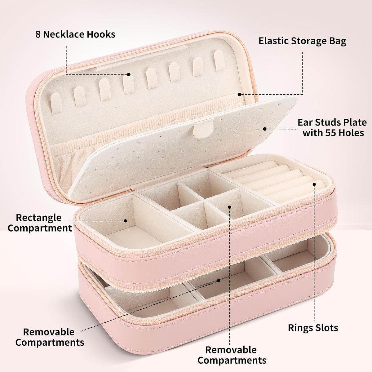 Small Travel Jewelry Box with Double Zipper, 2 Layers PU Portable Jewelry Case for Women and Girls,Travel Jewelry Organizer for Rings, Earrings, Necklaces, Bracelets,Black